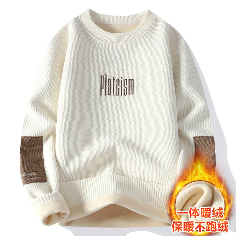 

Autumn Winter Men's Fleece Lined Thickened Plush Warm Sweater Loose Round Neck Embroidered Wool Knitted Pullover