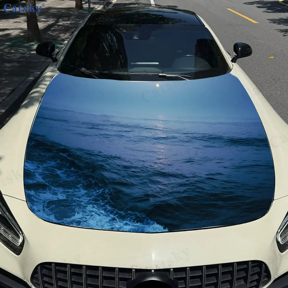

Blue Sea Surface Car Hood Sticker PVC Self Waterproof Stick, Striking Auto Exterior Accessories Decor Protect Gift for Car Lover