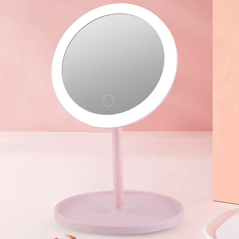Portable Travel Makeup Mirror with Tray, Vanity Cosmetic Desk Mirror with Dimmable Touch 3 LED Color Lighting Modes for Women