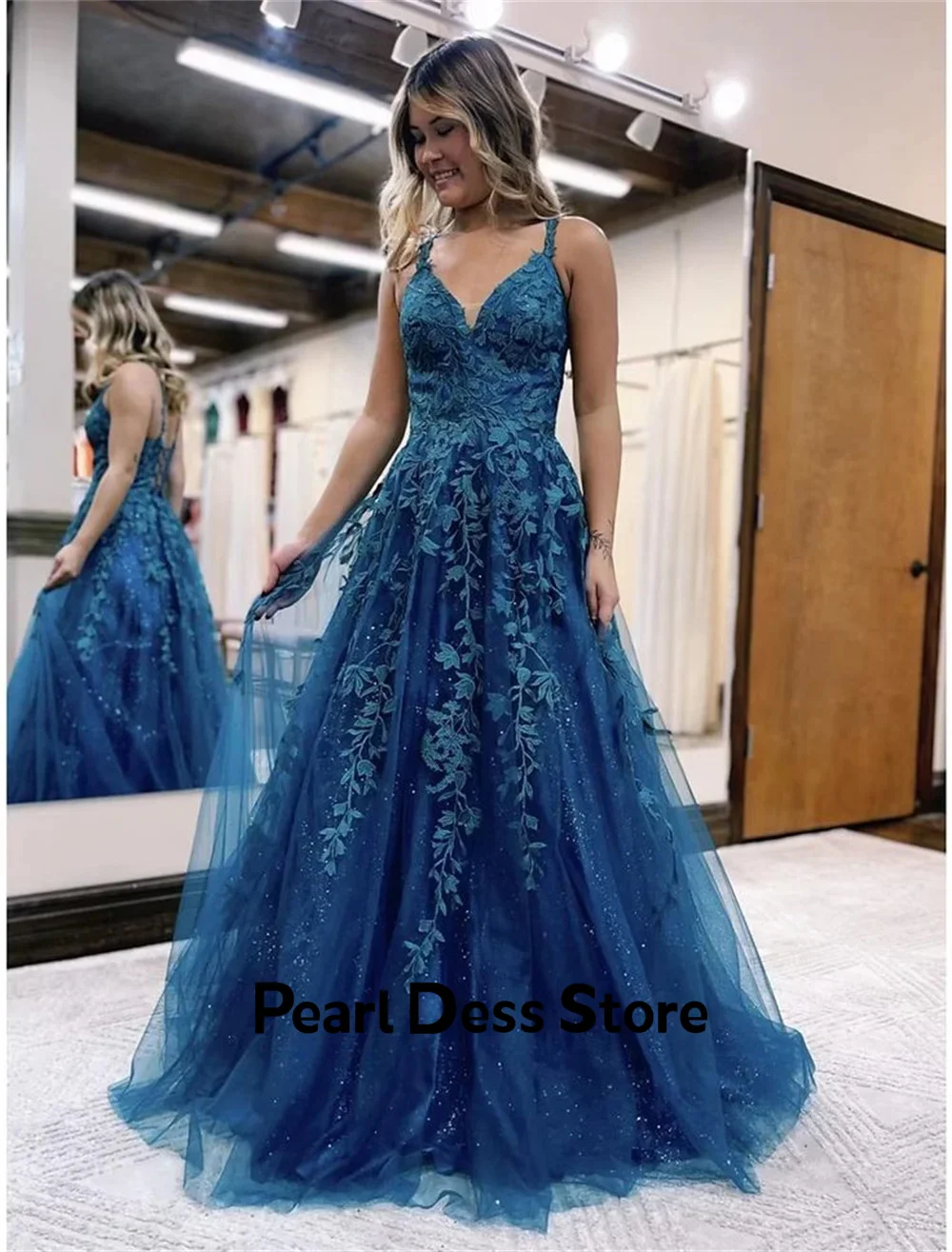 

Deep Blue Vestidos De Noche Bohemian Style Lace Fine Shoulder Prom Dress 2024 A-line sheer evening gown