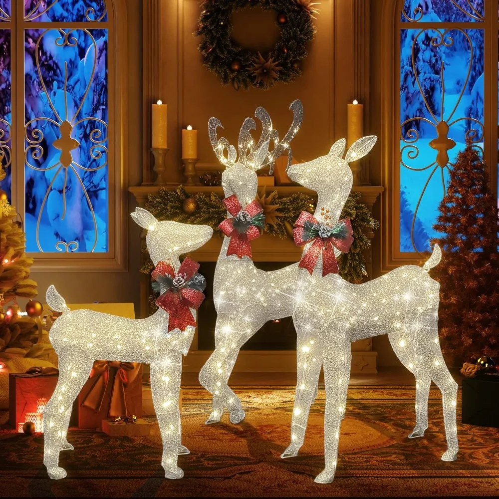 

3 Piece Lighted Reindeer Family Set with Red Bow 50 80 100 LED for Indoor Outdoor Christmas Yard Lawn Patio Decoration