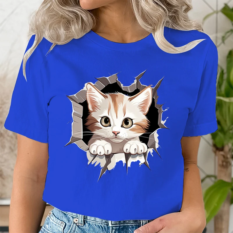 Cracked Wall Cat Trendy Woman T-shirts Funny Cute Cat Looking Through Wall Graphic T Shirt Women Kawaii Cartoon Cats Casual Tops