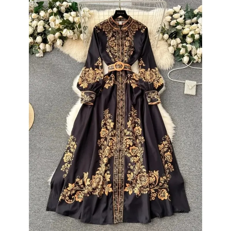 

Fashion vintage blue gold print dress women's dress standing long lantern sleeve single breasted side slit dress for women