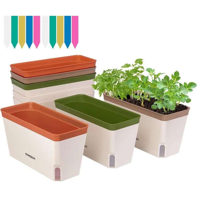 Self-Watering Planters, 6-Pack 10.5 Inch Compact Rectangular Window Herb Planter Box with 10 PCS Plant Labels