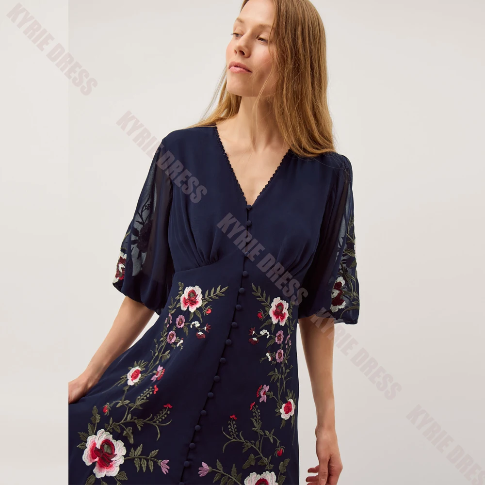 Flowers Mother of The Bride Dress Customized V Neck Half Sleeves Embroidery Split A Line Wedding Guest Dress Party Evening Gowns