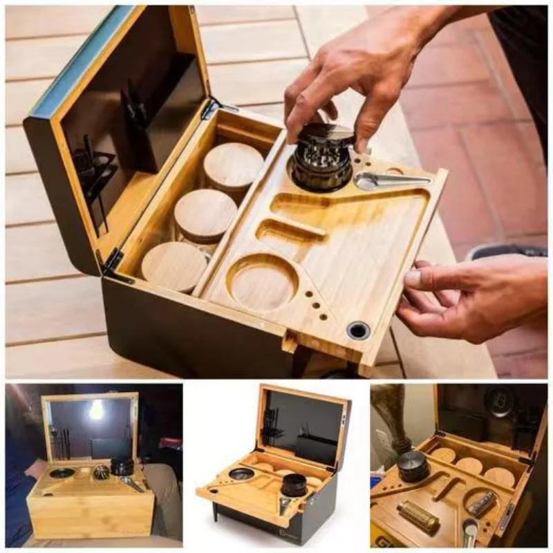 Premium Bamboo Storage Chest movable rolling tray wood box case crusher organizer smoking accessories tools tabletap decorations