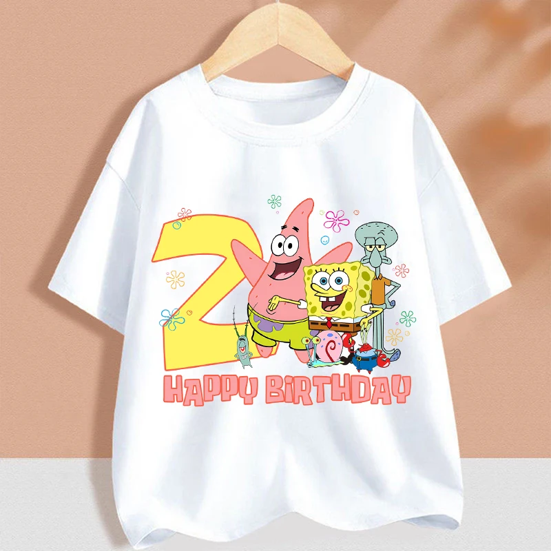 SpongeBob Birthday Number T-shirt Children Tee Top White Round Collar Clothing Boys Short Sleeve Kids Anime Figure Clothes Gift