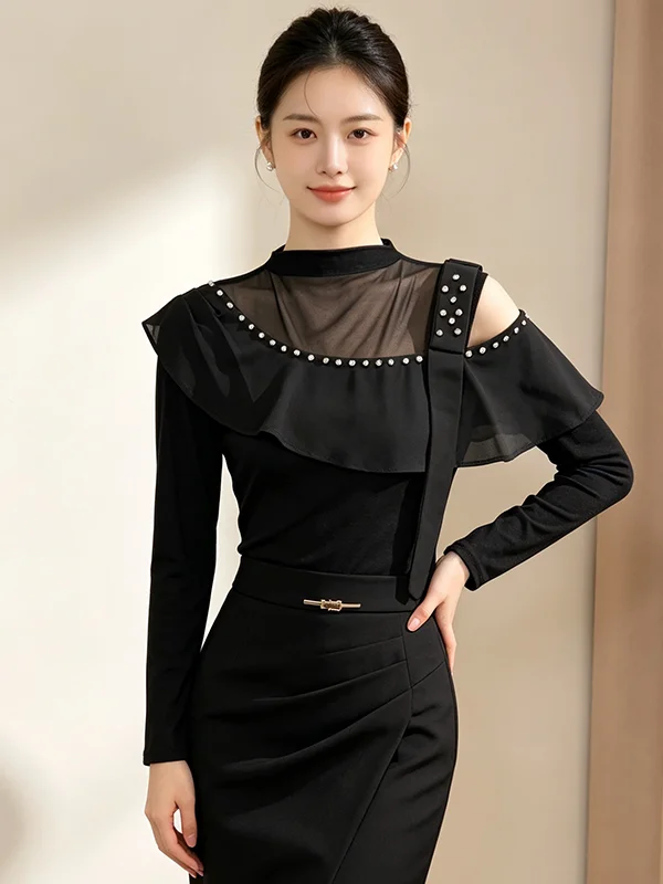 Elegant Slim Fit Long Sleeve Women's Top Shoulder Bared Lace Trim Diamond Studded Design Autumn Winter New Arrival