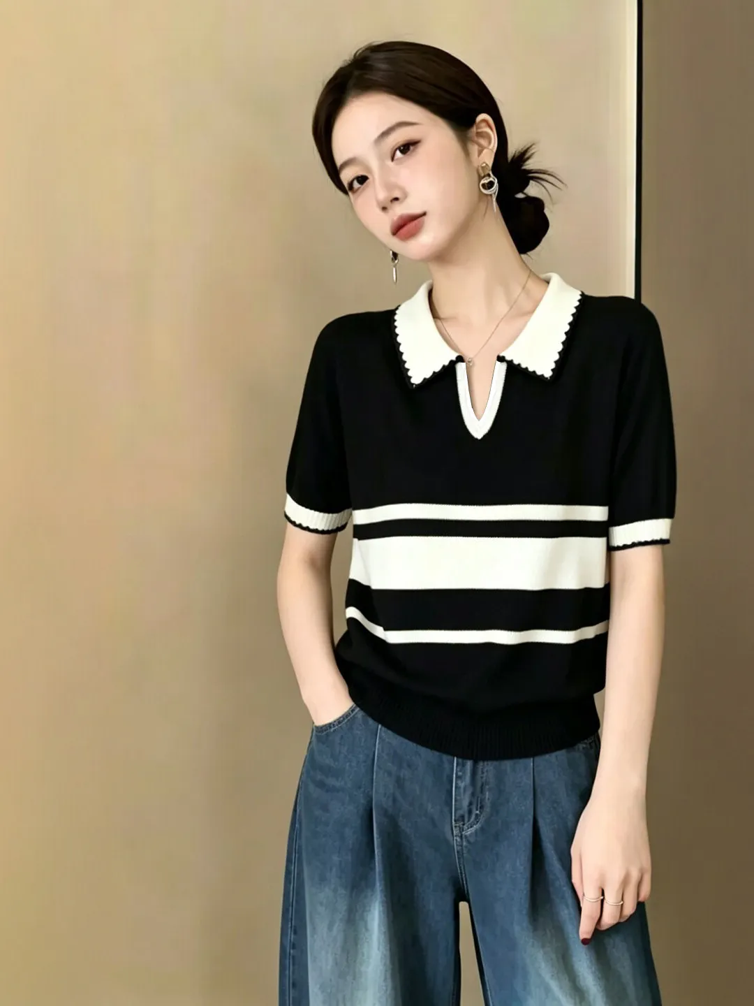 

Summer Loose Fit Large Size Women's Black White Striped Collared Short Sleeve T-Shirt Commute Style Inner Wear Top