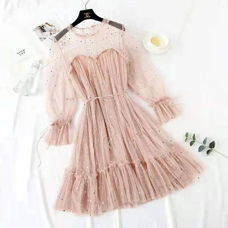 Cute Kawaii Dress Princess Fairy Lace Mesh Dresses Pentagram Decorate Summer Women Temperament Long Sleeve High Waist Dress