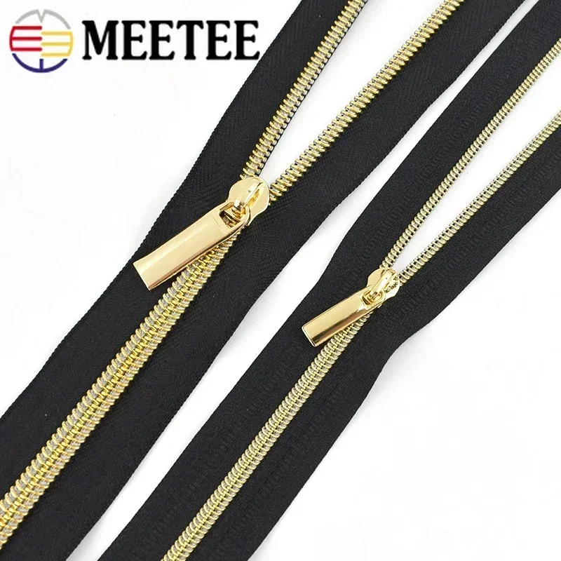 10Meters Gold Nylon Zipper Tape 3# 5# Continuous Decorative Zip Coil with Puller Slider Bag Clothes Jacket Sewing Accessories