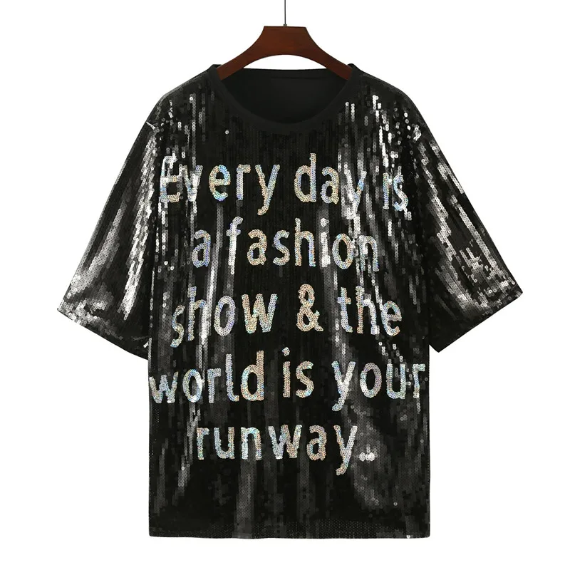 

Новая женская футболка с круглым вырезом и надписью, свободного прямого кроя, с пайетками, в стиле хип-хоп, для ночного клуба, весна-лето 2026