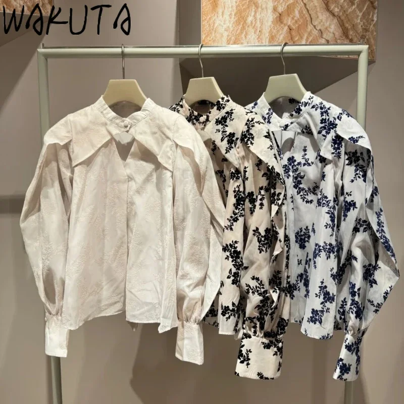 Wakuta Sweet V Neck Puff Sleeve Fresh Shirt Voile Floral Print Hollow Out Casual Blouses Japan Chiffon Elegant Pullover Blusas