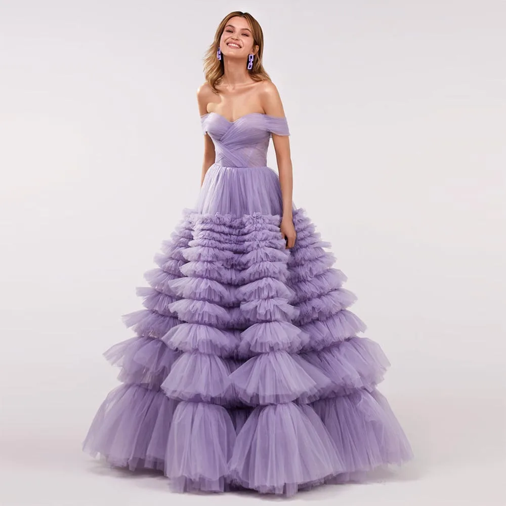 Sevothruffled off-the-ombro longo vestido de noite, vestido de casamento com renda, vestido lavanda, vestidos de baile, querida, em camadas, 2022