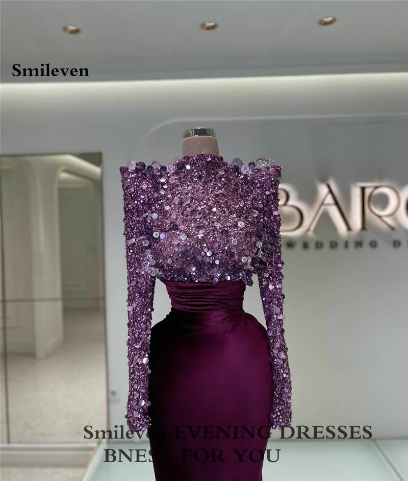 Smileven Purple Saudi Arabia Mermaid Evening Dresses Beading Crystal Pleats Prom Dress Modern Party Dress 2023