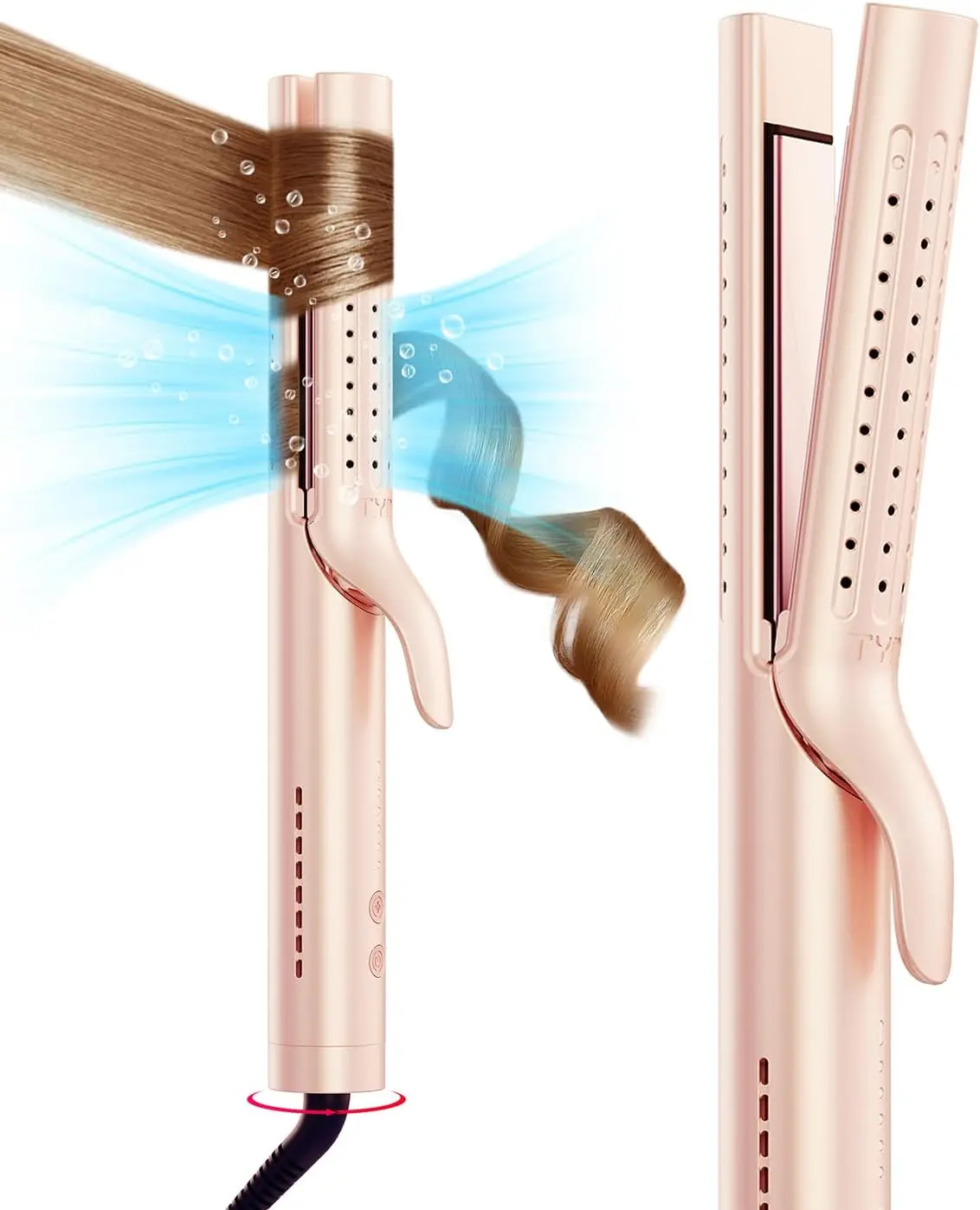 2-in-1 Curling Iron & Flat Iron, 1.25" Curling Wand for All Hair, Dual Voltage, 54M Ions, 5 Temps, Gold Blush