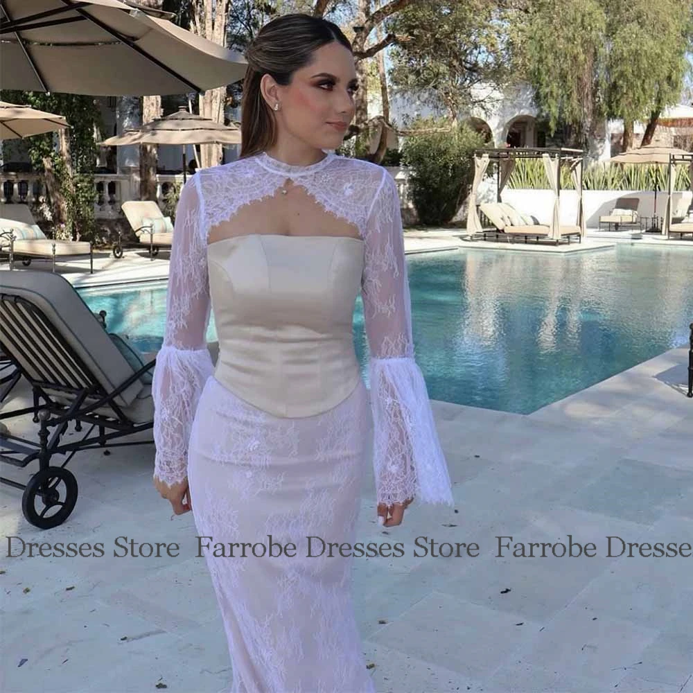 Mode Damen Abendkleider Spitze Mantel/Säule Valentinstag Kleid Weiß O-Ausschnitt Hohl Flare Ärmel Ballkleider Lang 2025