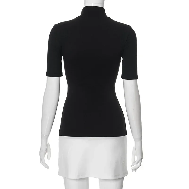 2023 neue Frühling Sommer Rollkragen Halbe Hülse Mini Kleider Französisch Stil, Mode, Elegante Schwarz Und Weiß Patchwork, Figurbetontes Kleid