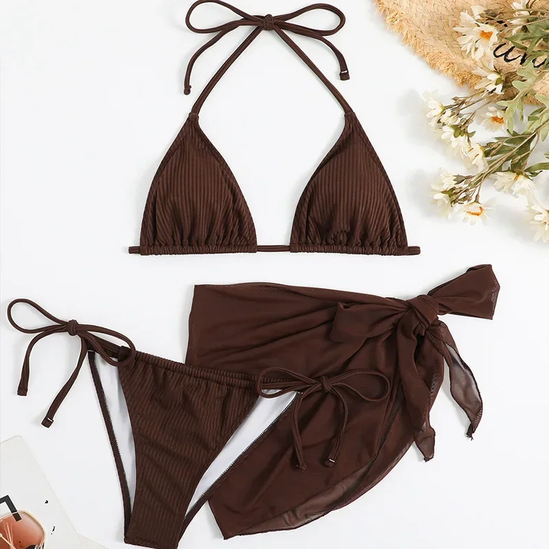 Sexy Brown Texture Swimwear Micro Thong Bikini Set Cover Up Swimsuits Women 2024 String Halter Triangle Bikini Mujer Beach Wear