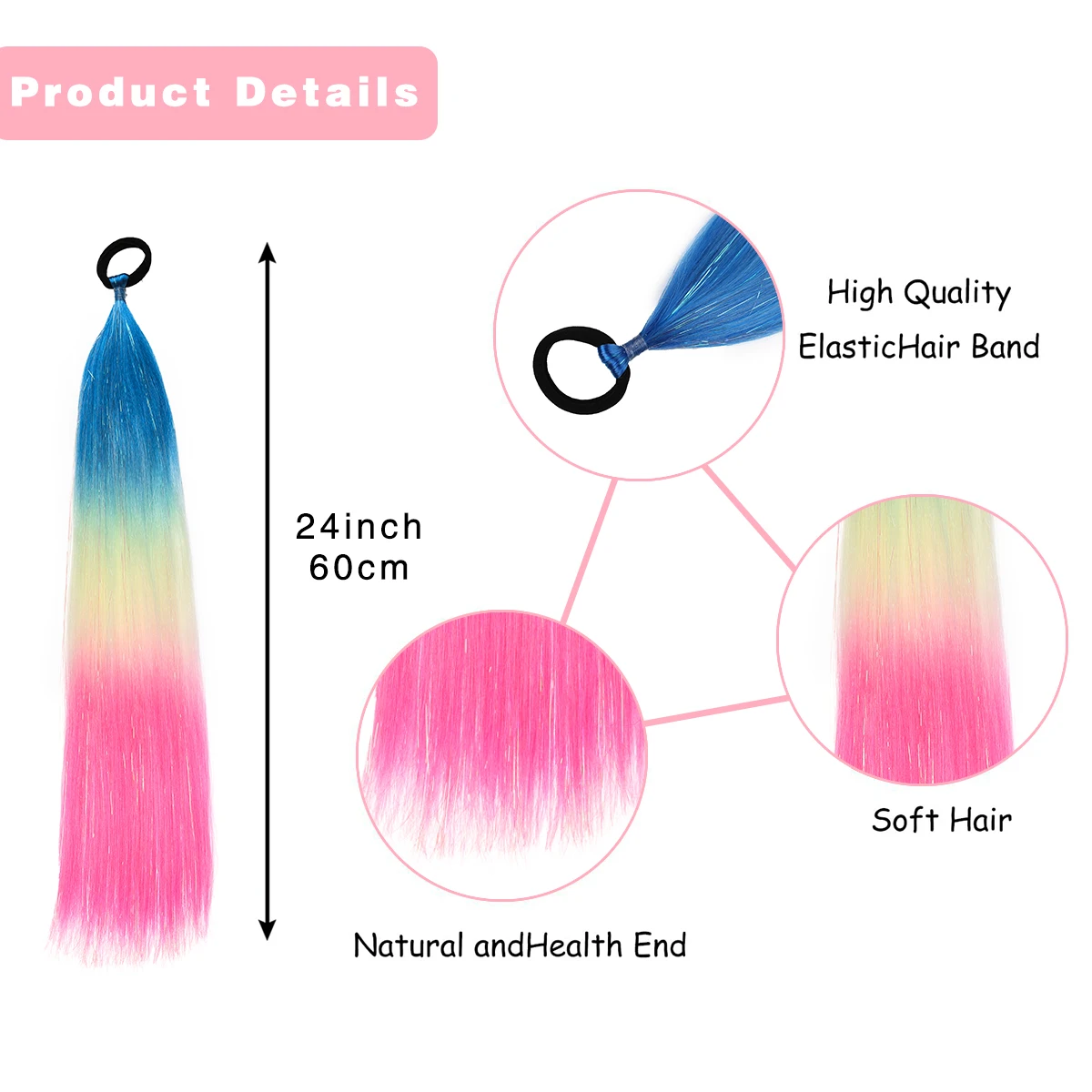 Synthetic Braided Ponytail DIY Ombre Hair Extensions With Hair Tinsel Jumbo Ponytail Colorful Crazy Hair For Braiding Hair