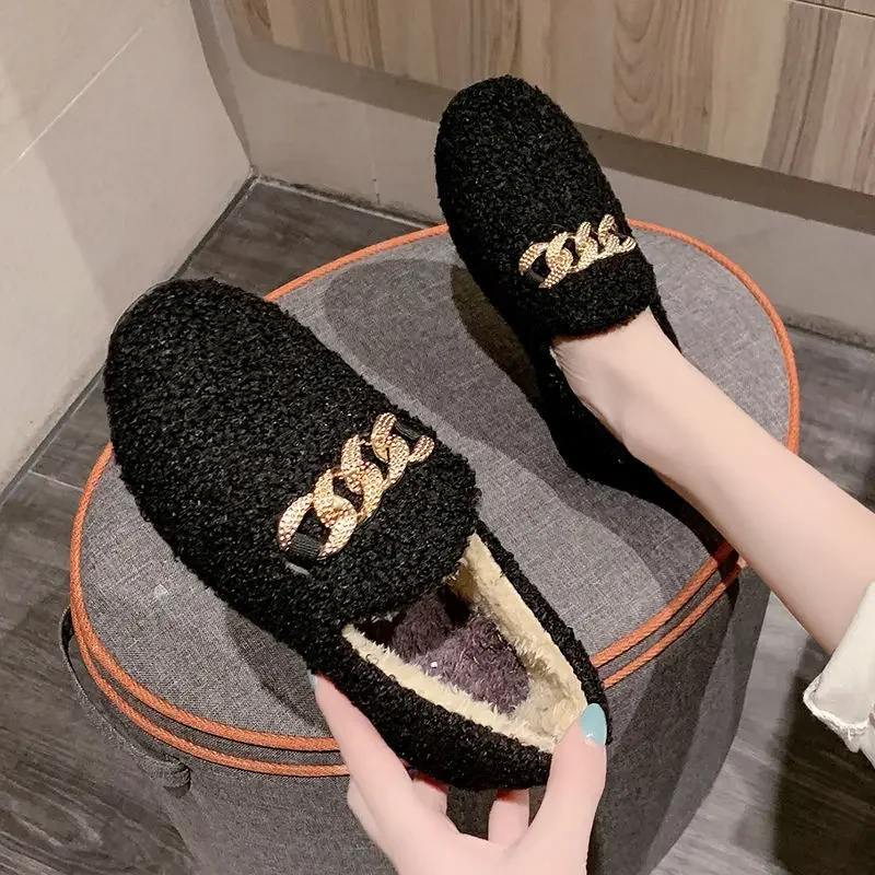 Cotton Shoes Women Beanie Shoes Autumn and Winter Warm Plus Velvet Cotton Korean Style Low Cut Flat Soled Lazy Furry Shoes