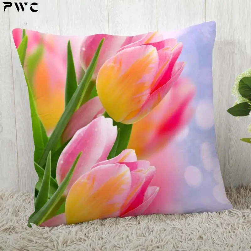 

Custom Pillow Cases Tulip Flower Square Pillowcase Christmas Zippered Pillow Cover 40*40cm,45*45cm(One Side)