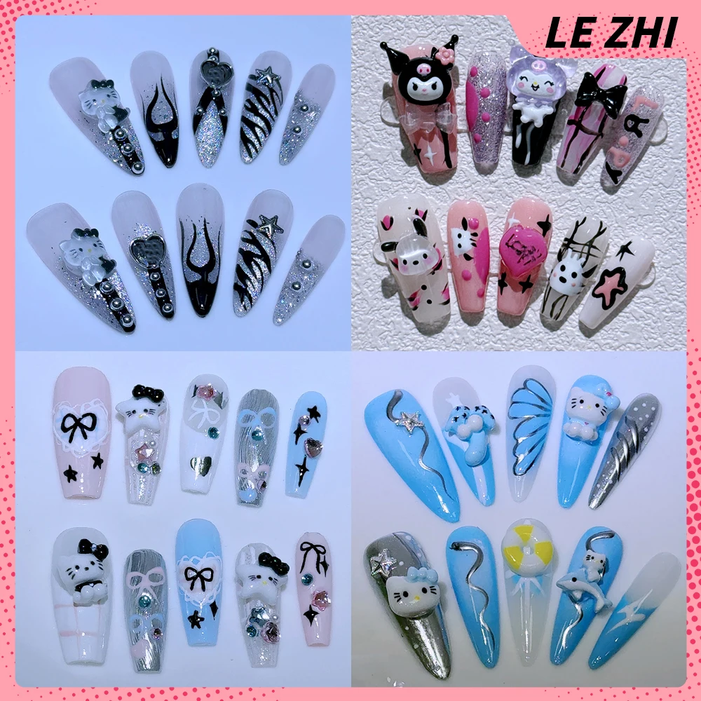 2024 Hello Kitty Cute Press On Nails Art Handmade Long Coffin Stilettos Almond Gothic Glitter Diamond Fake Nails Party Stickers