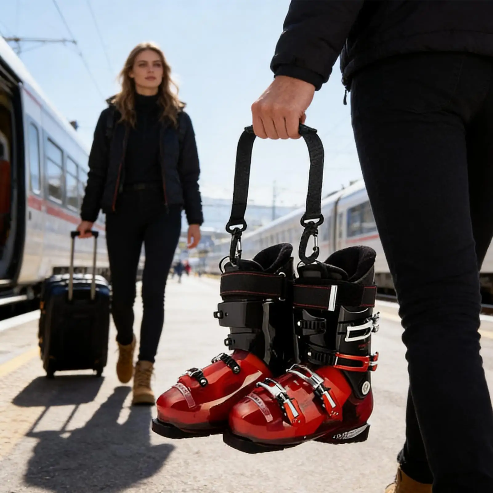 สายรัดรองเท้าสกี อุปกรณ์สะพายไหล่ สายรัดสำหรับใส่รองเท้าสกี สำหรับผู้หญิง ผู้ชาย ใช้สำหรับเดินทางกลางแจ้ง ตั้งแคมป์ เดินป่า ปั่นจักรยาน ขี่มอเตอร์ไซค์