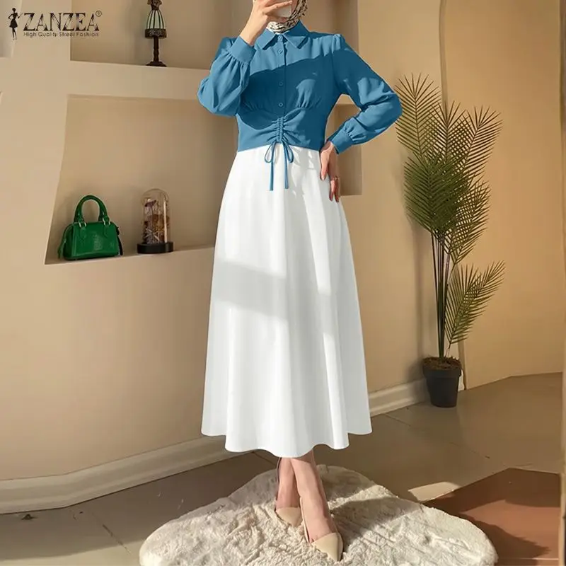 ZANZEA Women Dress Long Sleeve Shirt Dress Elegant A-Line Drawstring Waist Office Party OL Work Vestidos Summer Autumn Sundress