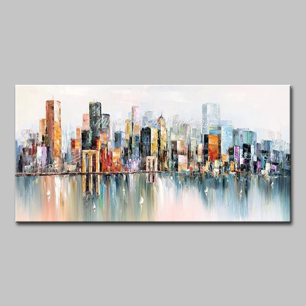 Mintura Handpainted Knife City Landscape Oil Paintings on Canvas,Modern Wall Art Picture for Living Room Home Decoration Artwork