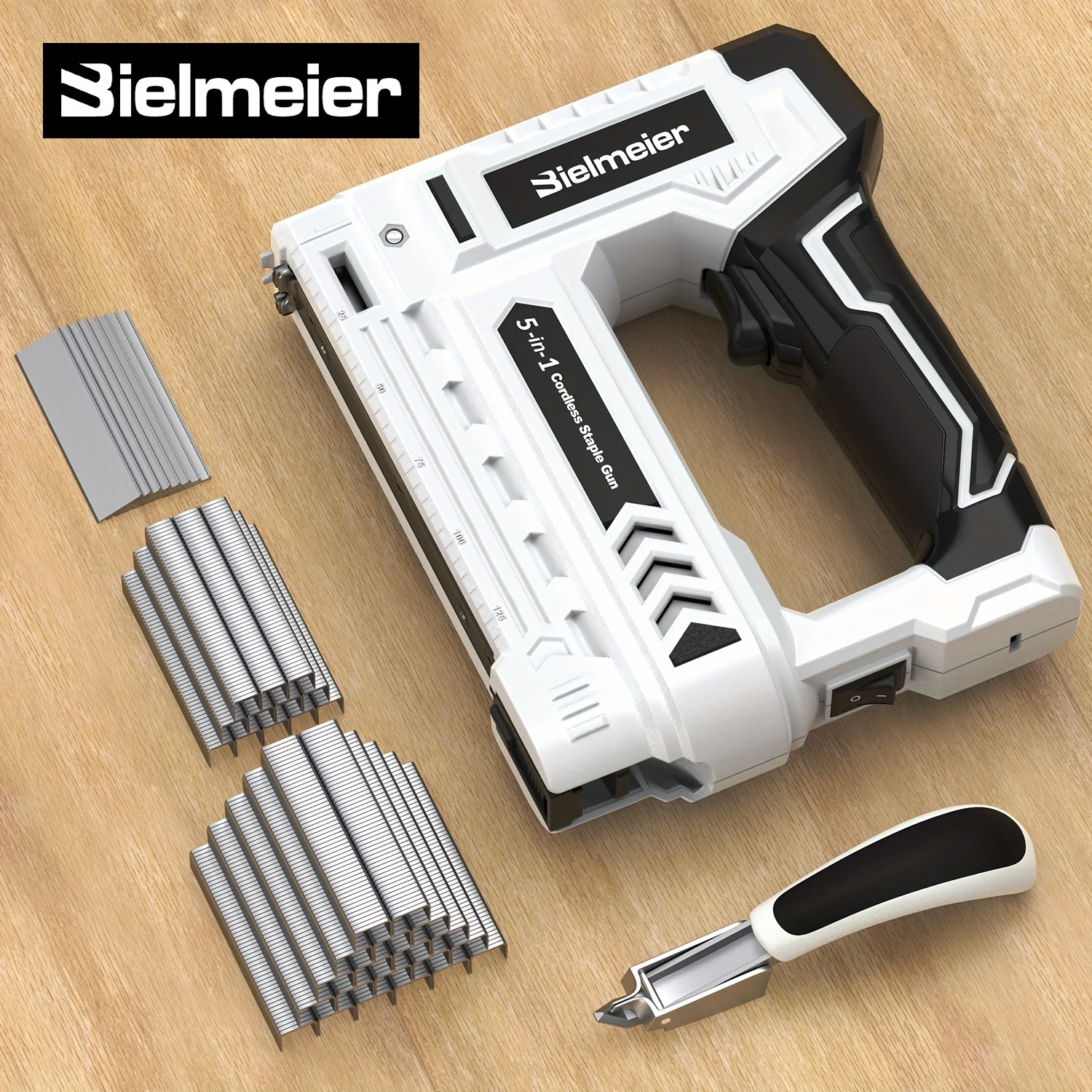 

Bielmeier 4V 5-in-1 Type-C Rechargeable Stapler Kit, Spport T50/T20 Staples, T25 Wire Staples, Pin/brad Nails, with Staple Remover, 2000pcs Staples And Nails, Lightweight Design, Max Shoots Per Charge 1200, for Home Use, Wood, Upholstery, DIY