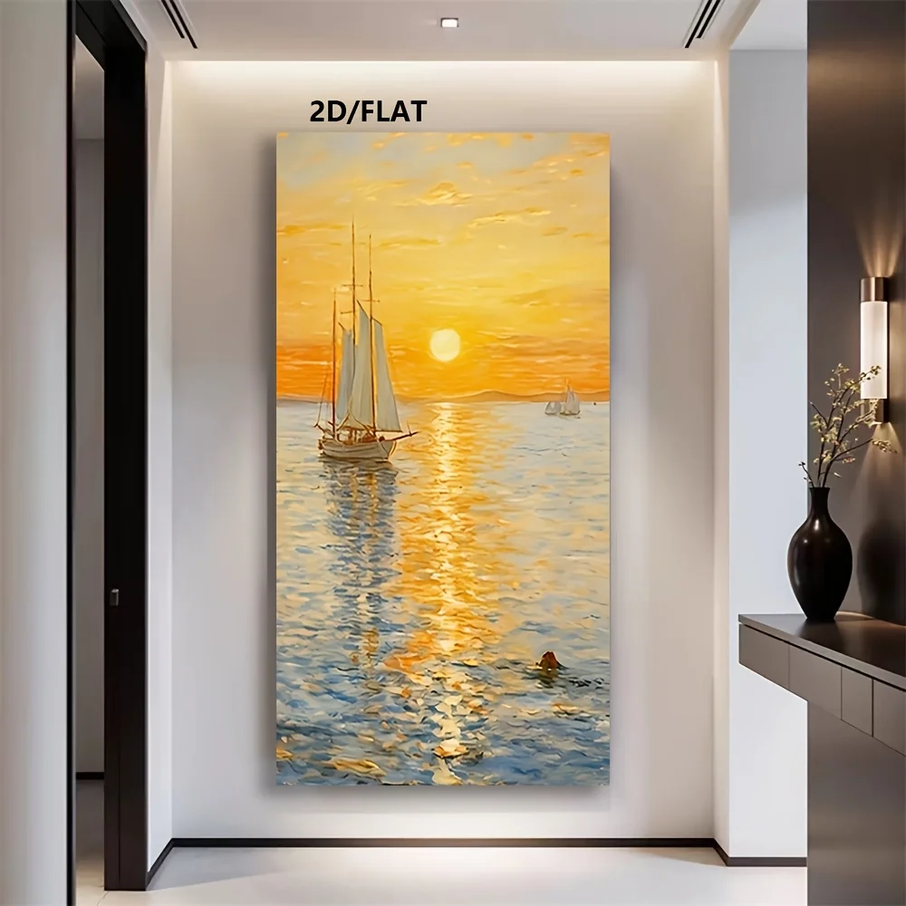 A Completely 2D Flat Artwork, Featuring a Serene of a Sunrise Over The Ocean. Home Living Room Decor, No Frame