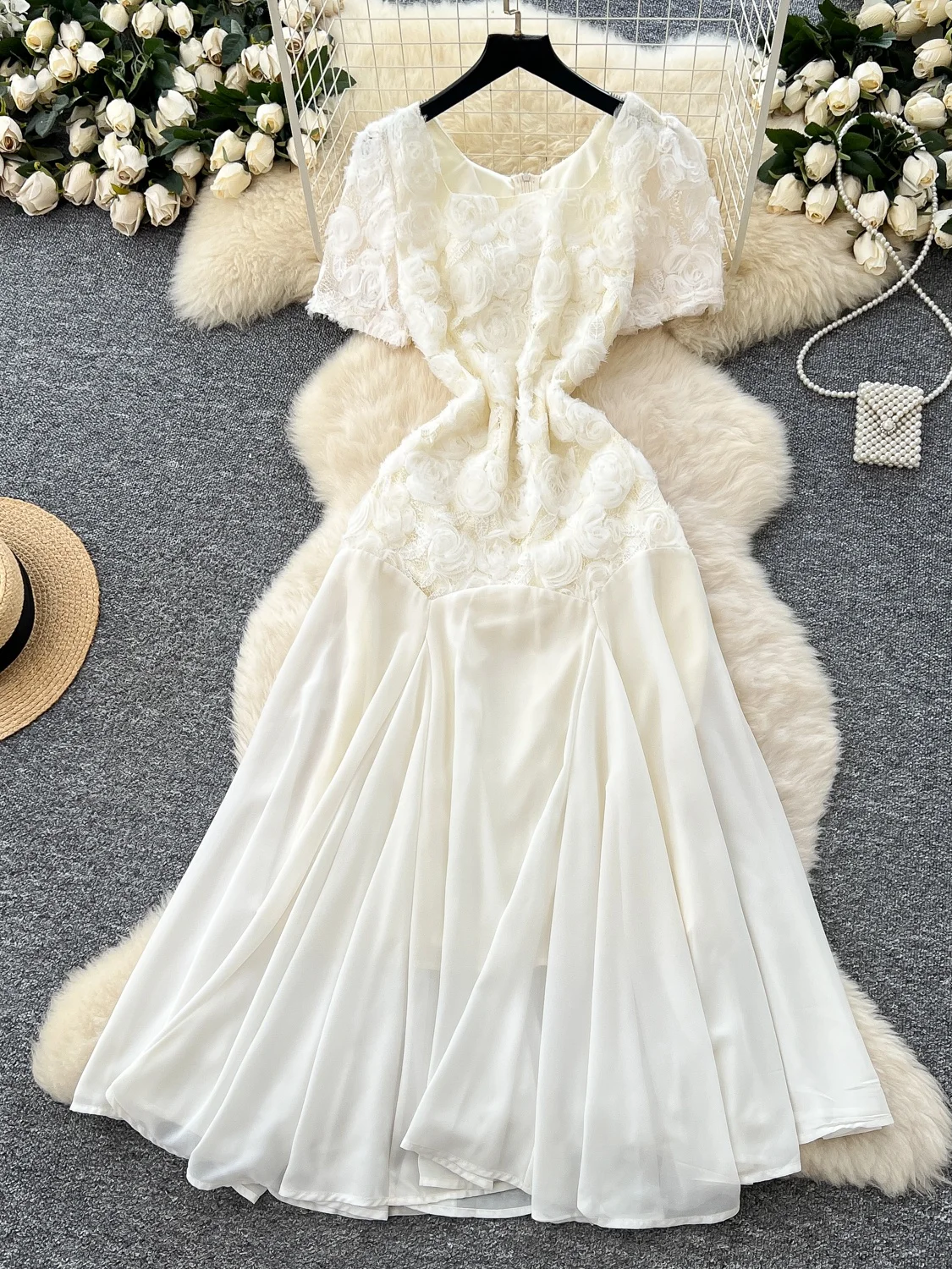 Vestido e de cintura alta con mangas de burbujas y diseño de empalme floral estilo coreano vestido midi de manga corta...