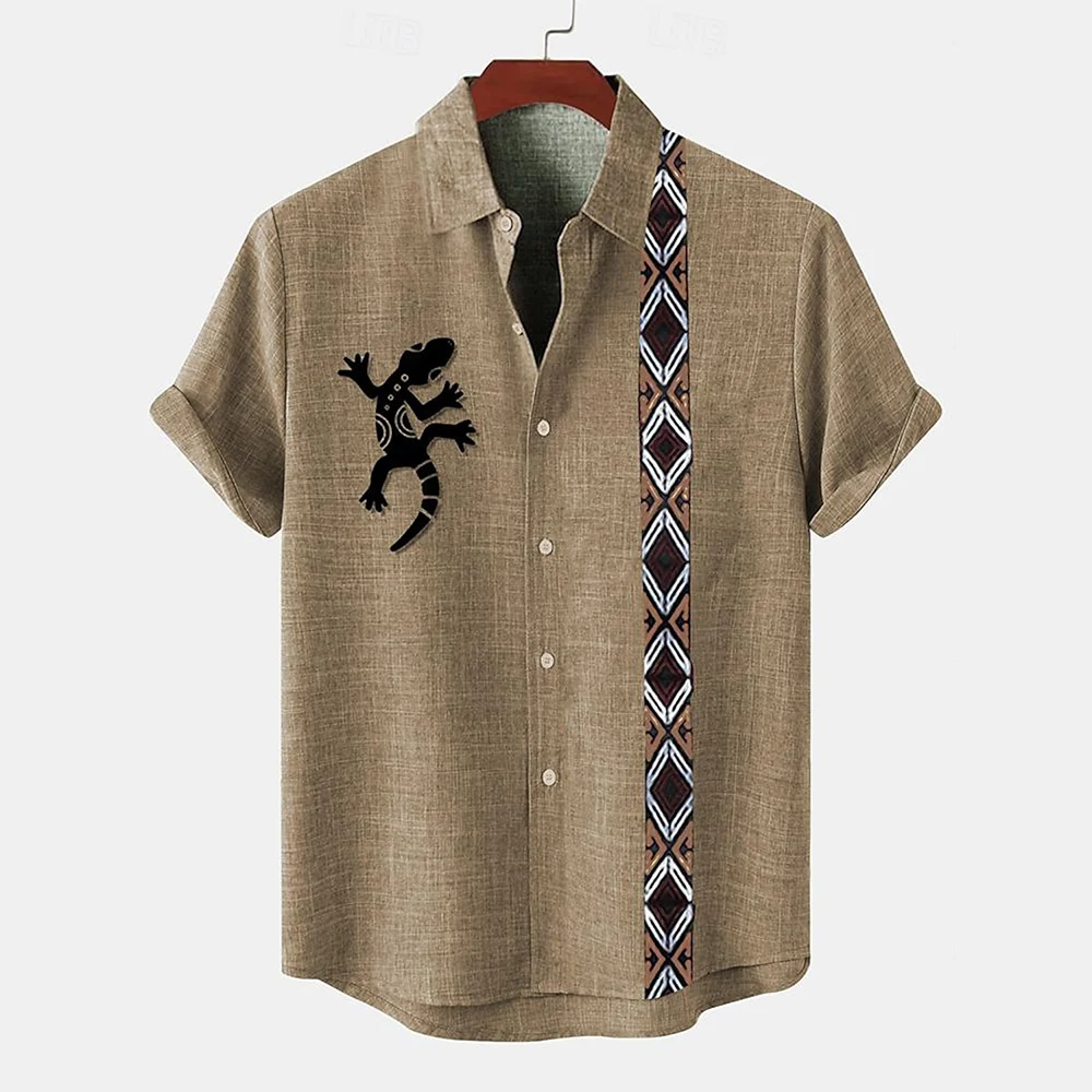 

Vintage Men's Shirt Ethnic Pattern Print Short Sleeve Lapel Shirts Summer Male Oversized Clothing Fashion Casual Streetwear