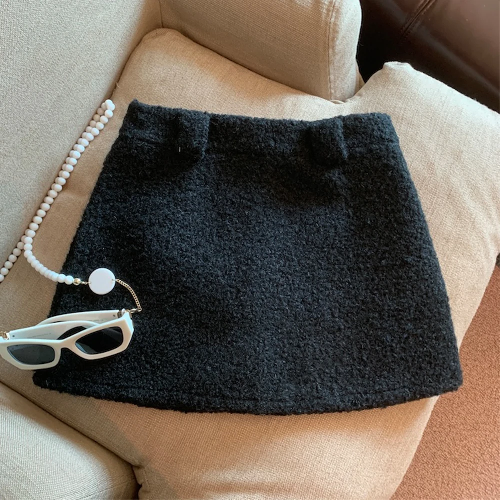 Women Khaki Mini Skirt Vintage Korean Style Y2k Gyaru A-line Wrap Skirt Harajuku Short Woolen Skirt 2000s Clothes Autumn Winter
