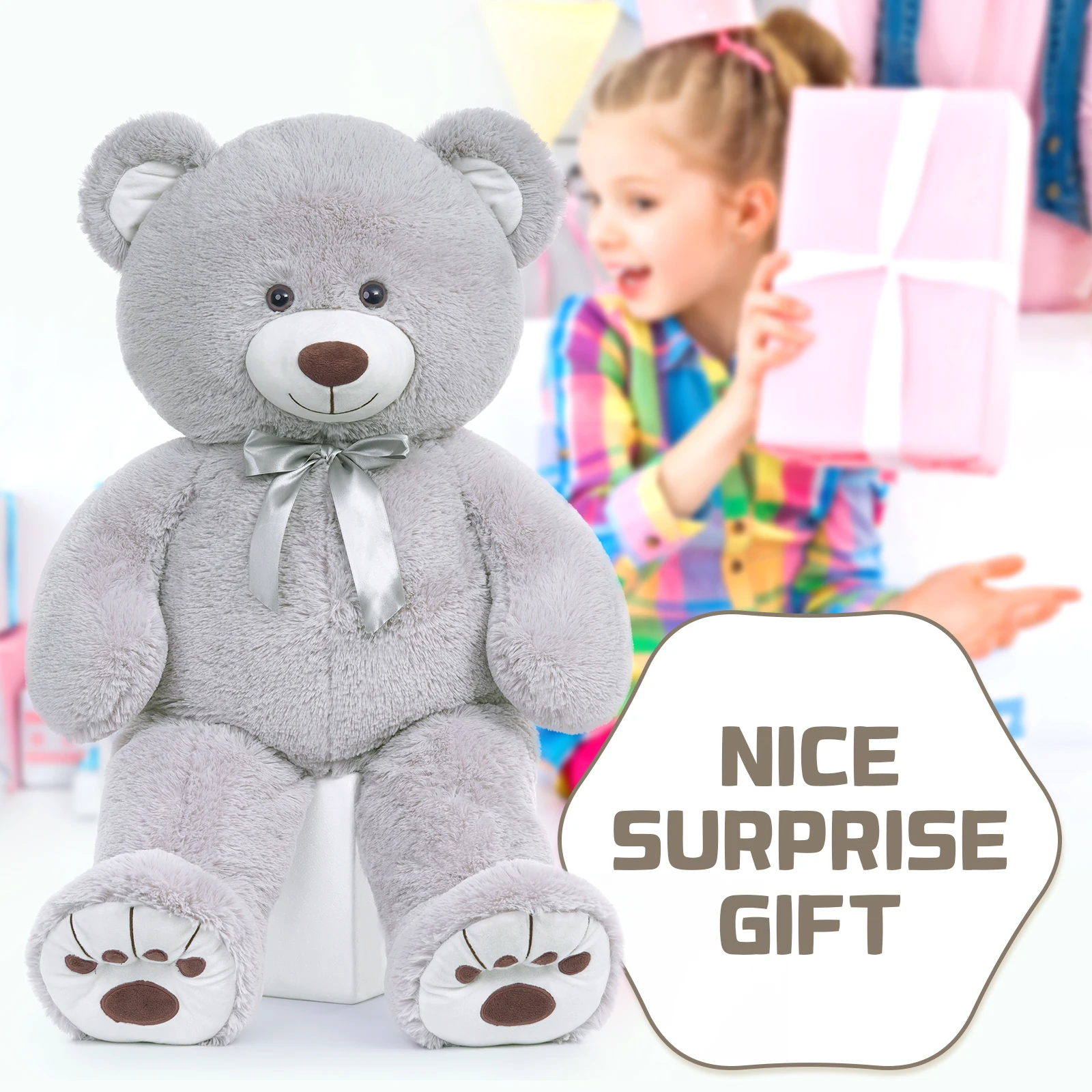 حيوان محشو عملاق من MorisMos، دمية دب رمادية كبيرة مقاس 36 بوصة لاستحمام الطفل، قطيفة بالحجم الطبيعي للأطفال، الصديقة، عيد الميلاد، عيد الحب #6