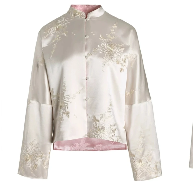 Chaqueta de mujer de otoño, abrigo con cuello levantado de satén bordado, hebilla china, estilo nacional Retro, prendas de vestir exteriores de lujo, Top de manga larga