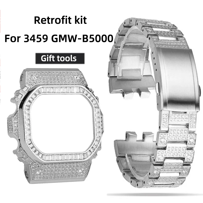 

For G-SHOCK Casio Small Silver Block 3459 GMW-B5000 Modified Trendy Diamond Set GMW-B5000 case silver Bezel Strap Metal Mod Kit