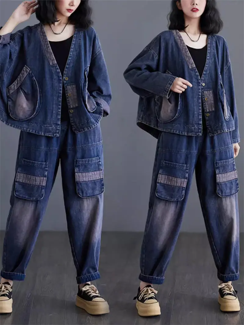 

Spring Autumn Large Size Loose V-Neck Vintage Denim Coat Casual Jeans Two Piece Set For Women 2024 Fashion Jacket +Pants K1212