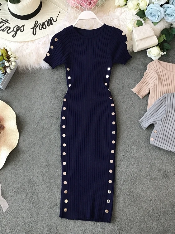 

Летнее женское трикотажное платье 2026 года с коротким рукавом, круглым вырезом, облегающее, с завышенной талией, асимметричное, в корейском стиле, для повседневной носки, облегающее фигуру.