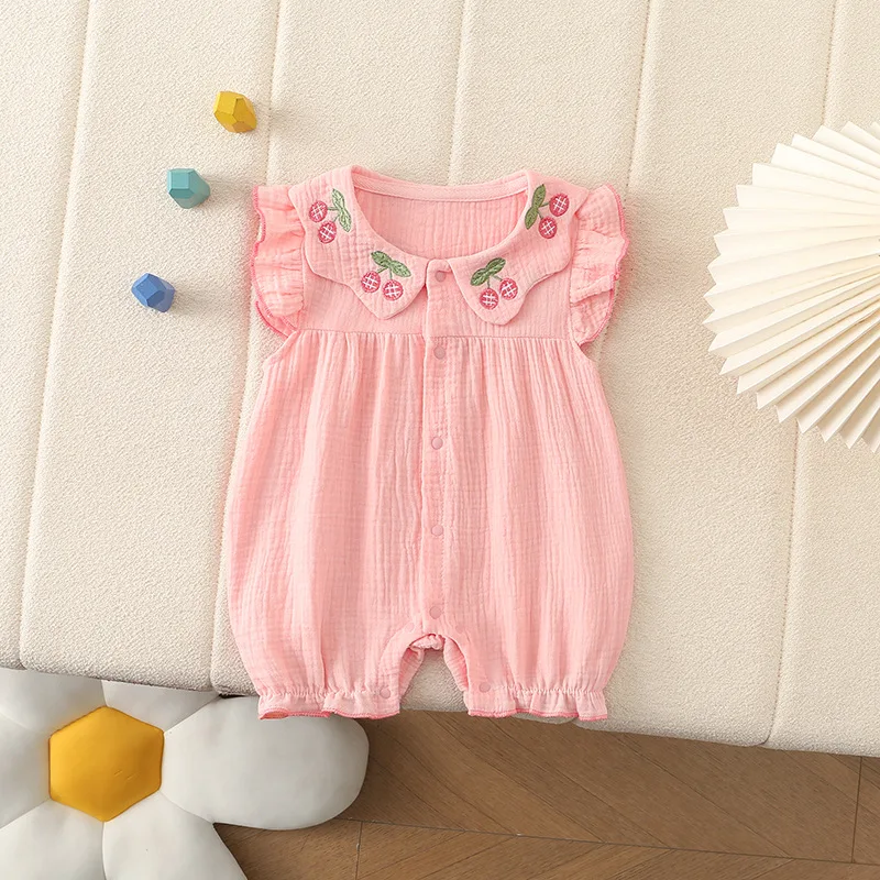Mono de verano para niña recién nacida, mono de gasa de algodón con bordado de cereza, mono de princesa rosa bonito para bebé de 0 a 24 meses