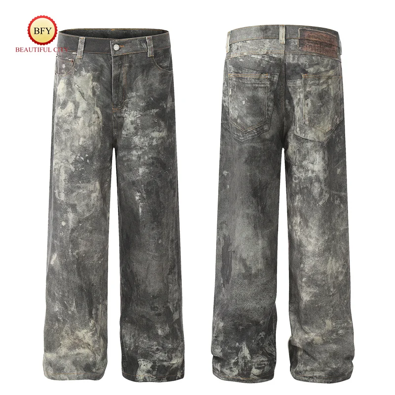 New 24ss High-end 1981 Vintage Splashed Ink Grey Mistake Effect Tinted Printed Low Waisted Wide Leg Mens Womens Jeans