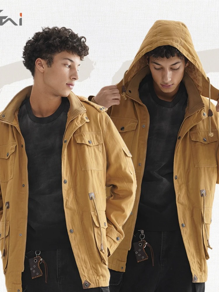 Mens Jacket Streetwear Autumn Winter Hooded Coat Fleece Lined Casual Outerwear Loose Fit Retro High Quality Cool Fashion Style