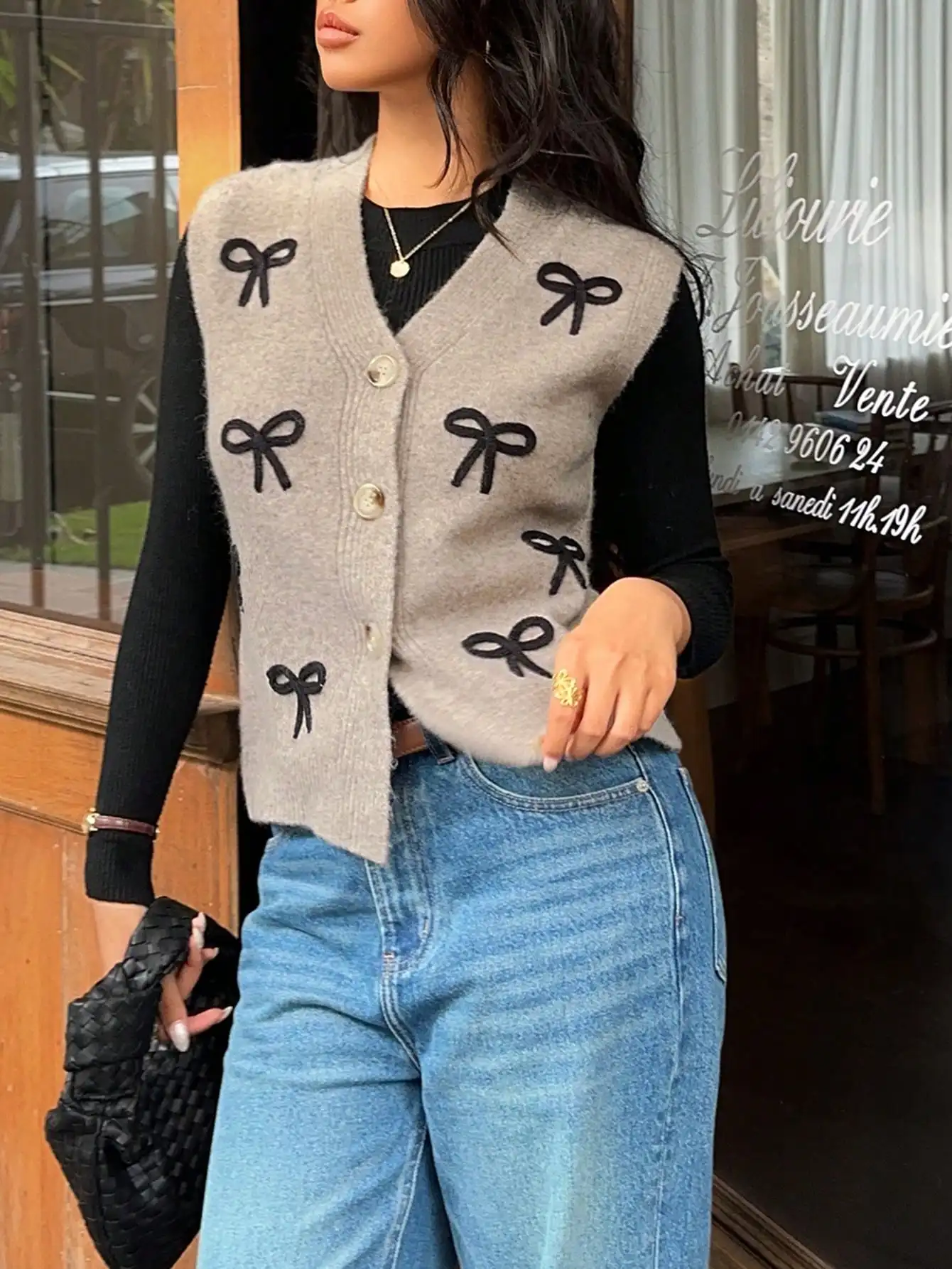 

Женский серый вязаный жилет с вышивкой черным бантом, однобортный кардиган без рукавов для осени и зимы