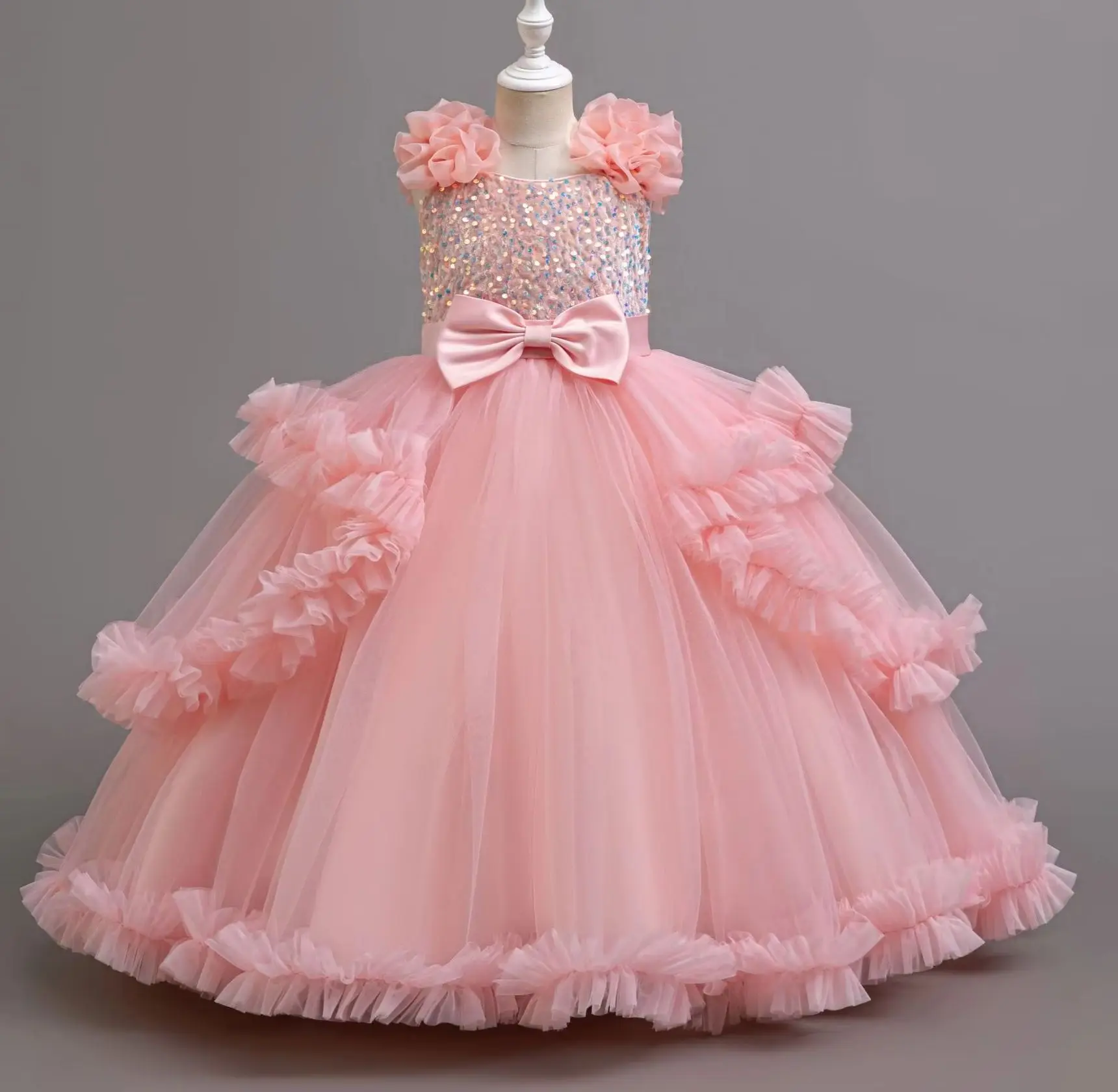 Girl Evening Party Dress Gown Sequins Child Girls' Festive Dresses Kid's Red Clothes Tulle