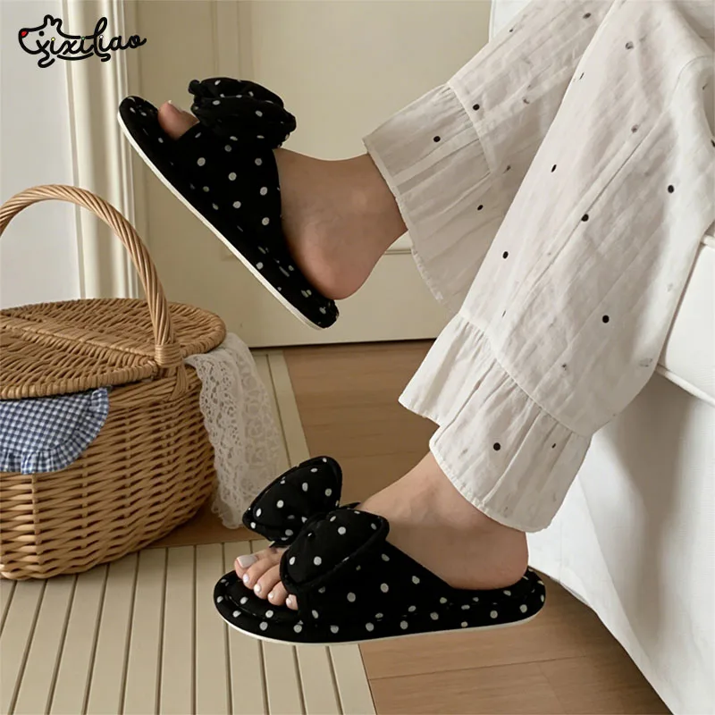 XIXITIAO Indoor Flat Slippers for Women Fashion Casual Cotton Bow Design Bedroom Footwear Ladies Comfortable Home Flip-flops view 6