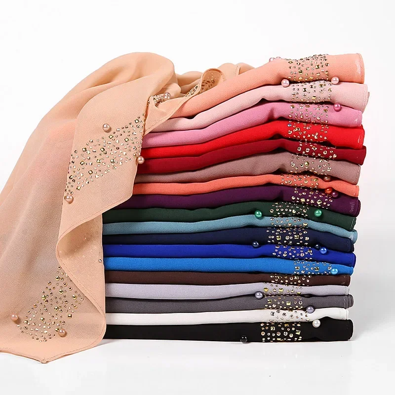 

Malaysia's new national pearl chiffon head scarf wholesale, hot diamond monochrome headscarf