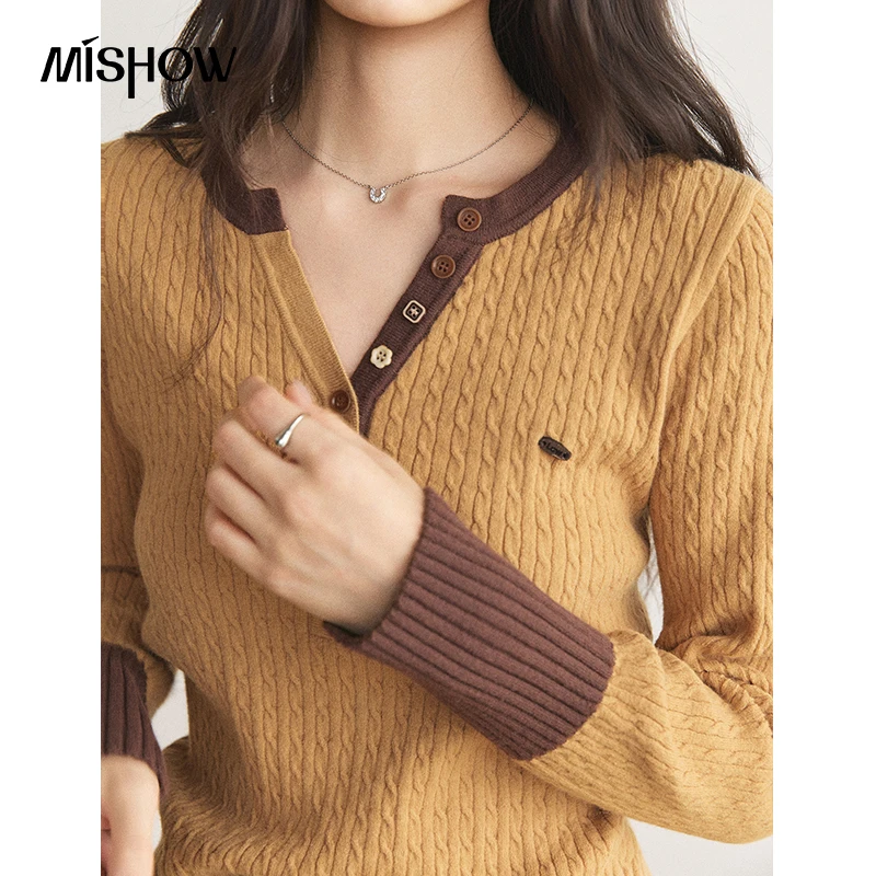 MISHOW Women's Sweater Retro Color Block Cable Knit Half Placket Pullover 2026 Autumn New Slim Fit Layering Knit Top MXF48Z3269