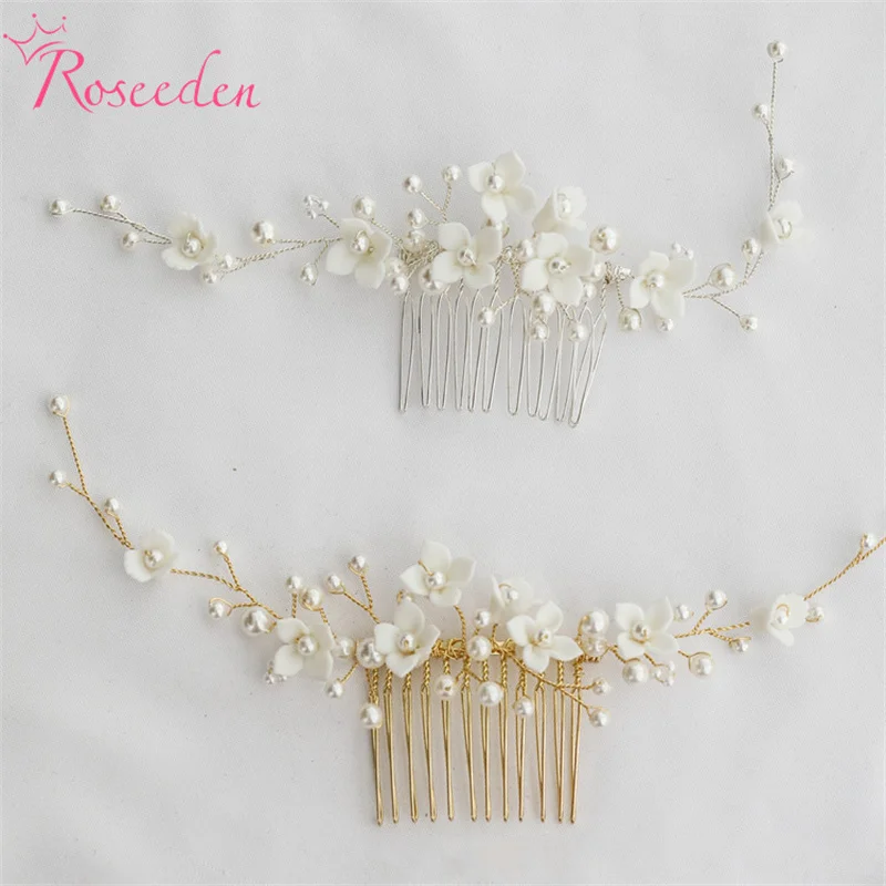 

Women Girls Jewelry Wedding Headpiece Handmade Ceramic Flower Pearls Bridal Hair Comb RE6007