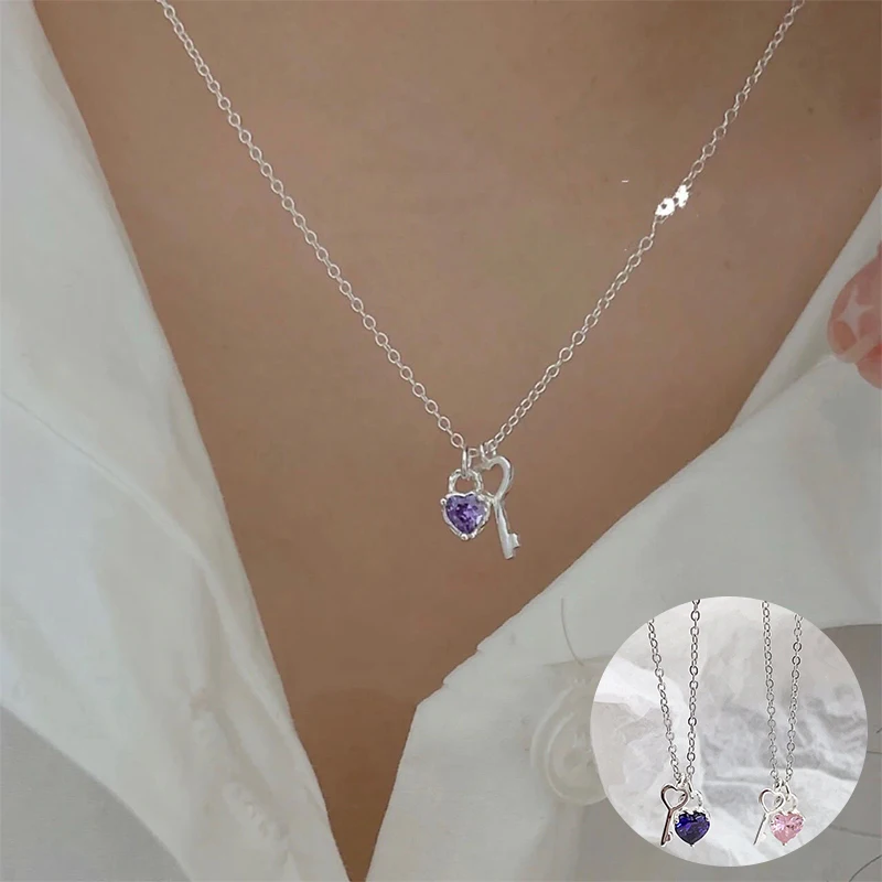 

100% 925 Sterling Silver Zircon Love Heart Necklace for Women Girl Key Lock Fine Chain Design Jewelry Party Gift Dropshipping